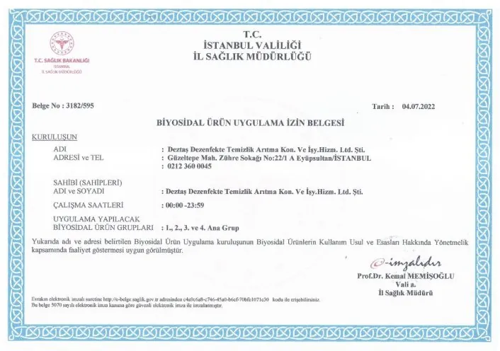 Biyosidal Ürün Uygulama İzin Belgesi